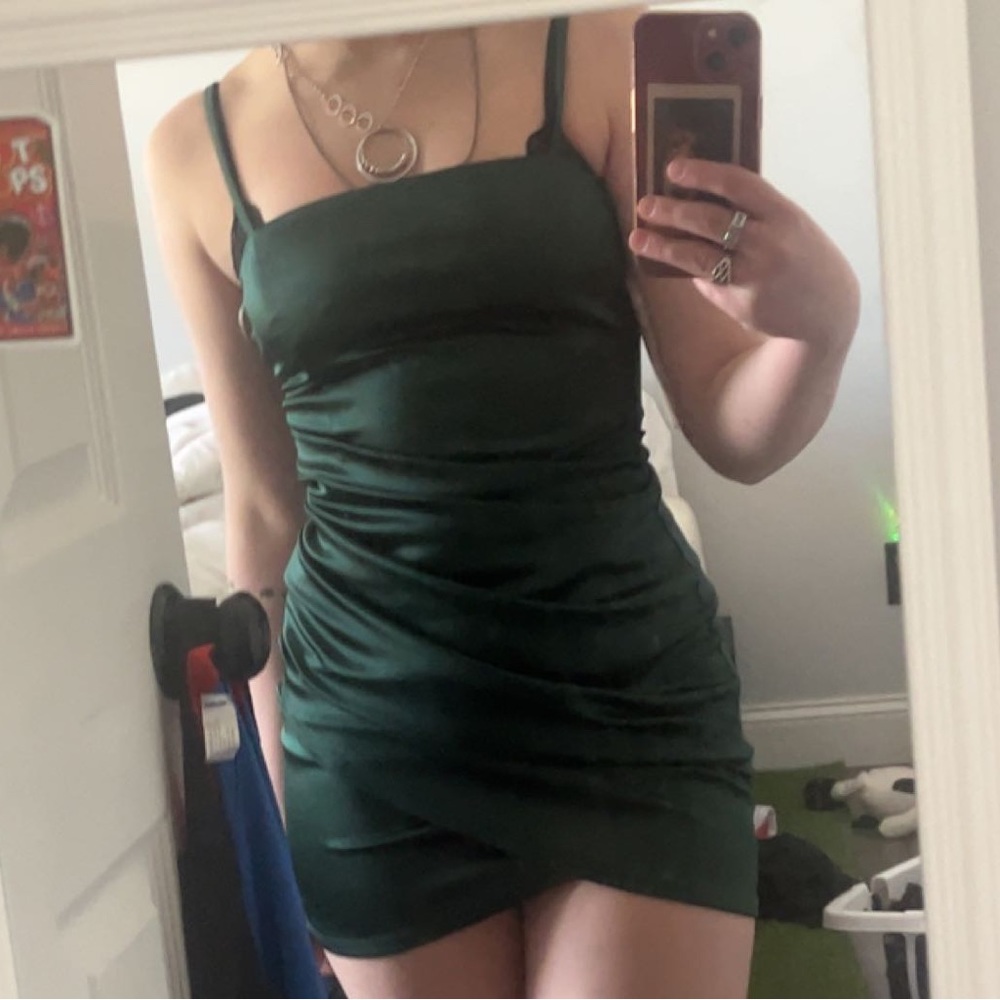 emerald green satin mini dress